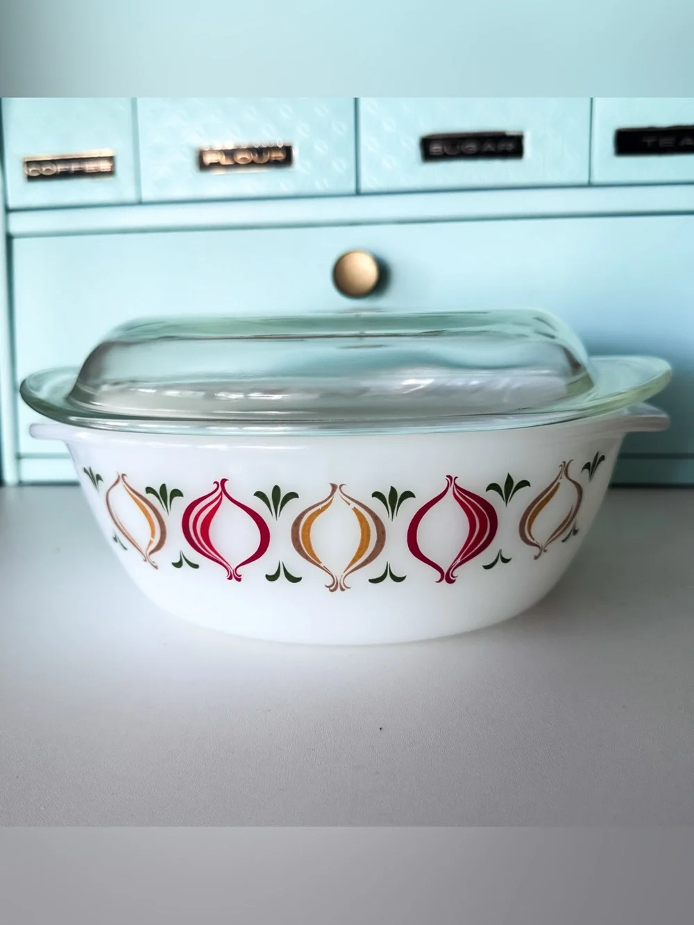 Schott Mainz Jena Glas Opal Onion Casserole Lid Vintage Germany 1960s w/ Box